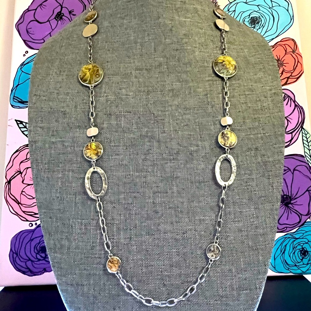 Vintage Y2K Silver and Abalone Shell Long Necklace